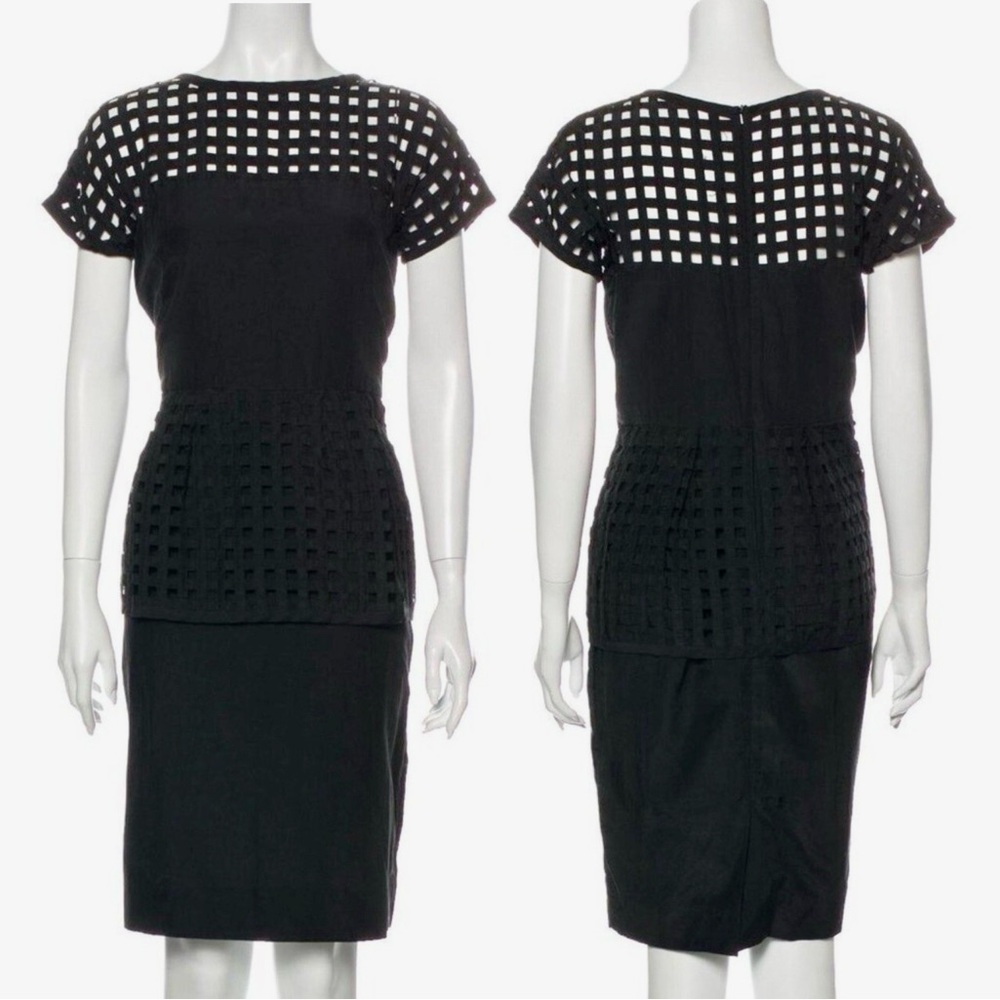 LELA ROSE Black Silk Pencil Dress w Lattice Grid Detail Cocktail Dress